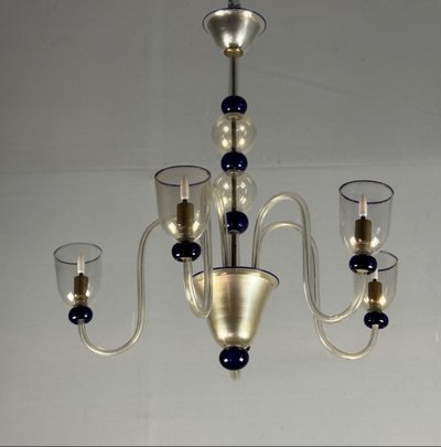 Venetian Chandelier In Gilded And Dark Blue Murano Glass, 5 Light Arms, Circa 1960