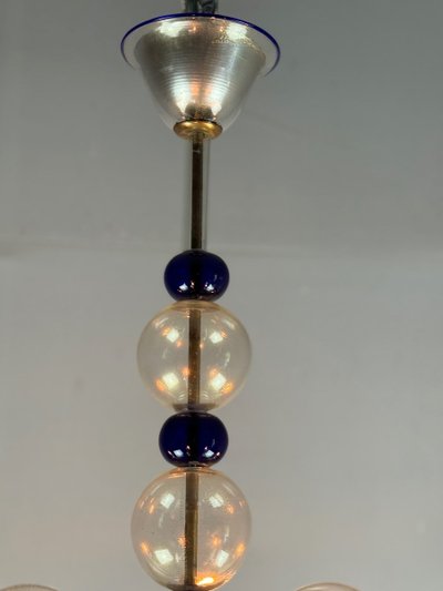 Venetian Chandelier In Gilded And Dark Blue Murano Glass, 5 Light Arms, Circa 1960