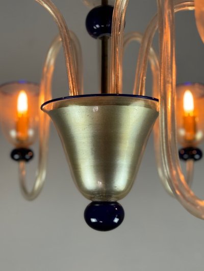 Venetian Chandelier In Gilded And Dark Blue Murano Glass, 5 Light Arms, Circa 1960
