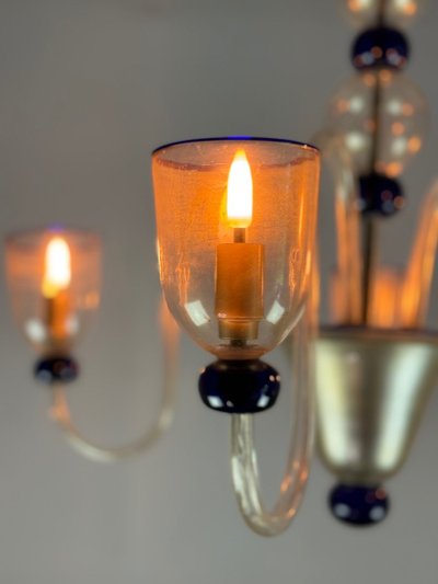 Venetian Chandelier In Gilded And Dark Blue Murano Glass, 5 Light Arms, Circa 1960