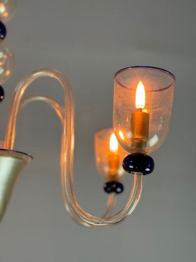 Venetian Chandelier In Gilded And Dark Blue Murano Glass, 5 Light Arms, Circa 1960