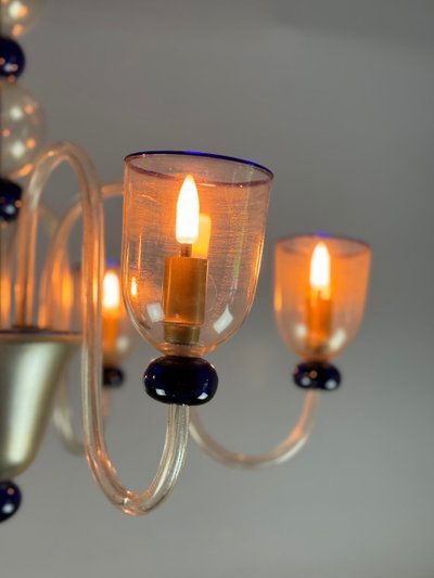 Venetian Chandelier In Gilded And Dark Blue Murano Glass, 5 Light Arms, Circa 1960