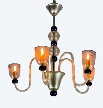Venetian Chandelier In Gilded And Dark Blue Murano Glass, 5 Light Arms, Circa 1960