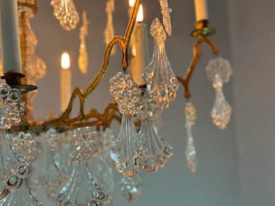 Lampadario a gabbia in bronzo dorato decorato con pendenti in vetro a forma di piuma di pavone, circa 1800