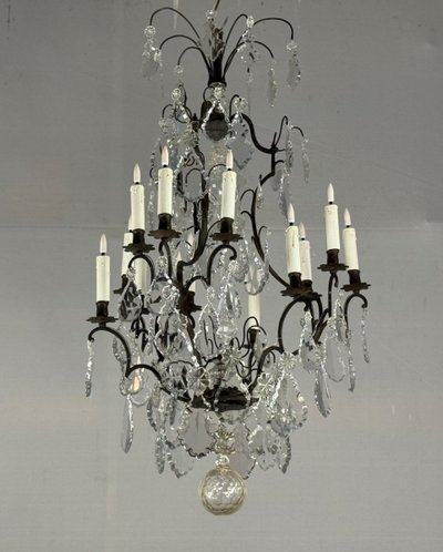 Black Patina Bronze Cage Chandelier Decorated with Cut Crystal Pendants Circa 1900