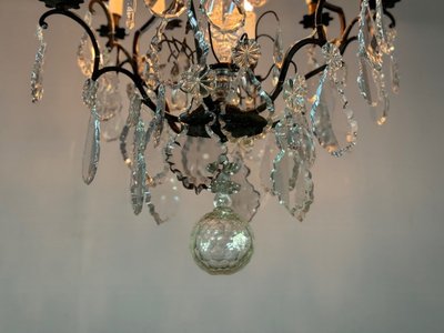 Black Patina Bronze Cage Chandelier Decorated with Cut Crystal Pendants Circa 1900