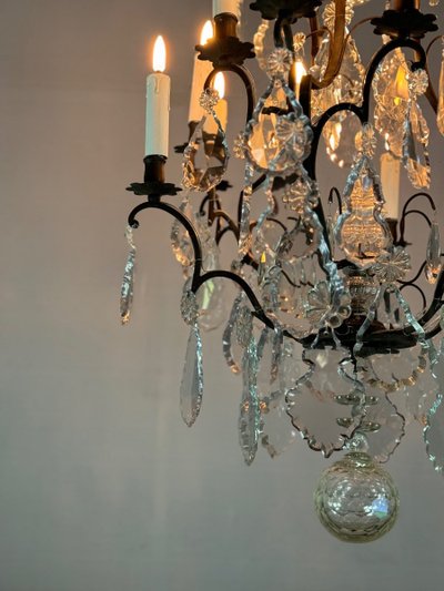 Black Patina Bronze Cage Chandelier Decorated with Cut Crystal Pendants Circa 1900