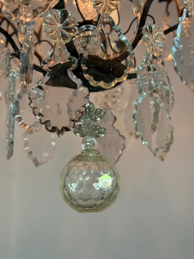 Black Patina Bronze Cage Chandelier Decorated with Cut Crystal Pendants Circa 1900
