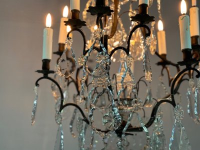 Black Patina Bronze Cage Chandelier Decorated with Cut Crystal Pendants Circa 1900