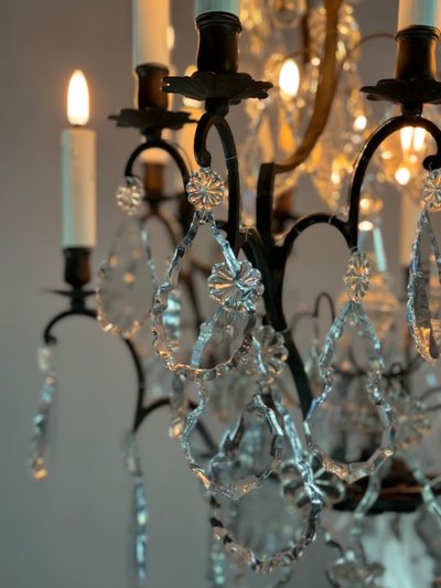Black Patina Bronze Cage Chandelier Decorated with Cut Crystal Pendants Circa 1900
