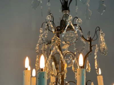 Black Patina Bronze Cage Chandelier Decorated with Cut Crystal Pendants Circa 1900