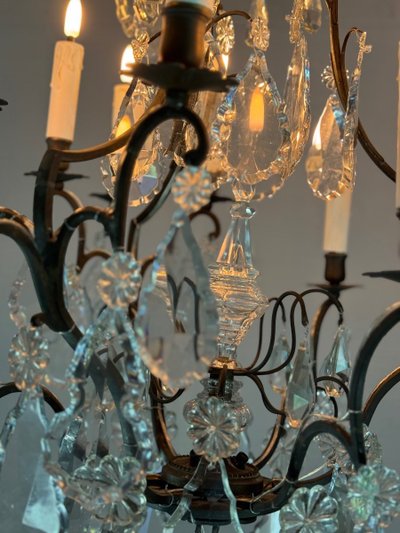 Black Patina Bronze Cage Chandelier Decorated with Cut Crystal Pendants Circa 1900