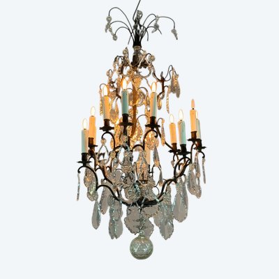 Black Patina Bronze Cage Chandelier Decorated with Cut Crystal Pendants Circa 1900
