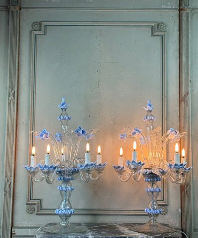 Coppia di lampadari veneziani in vetro di Murano trasparente e blu, circa 1950
