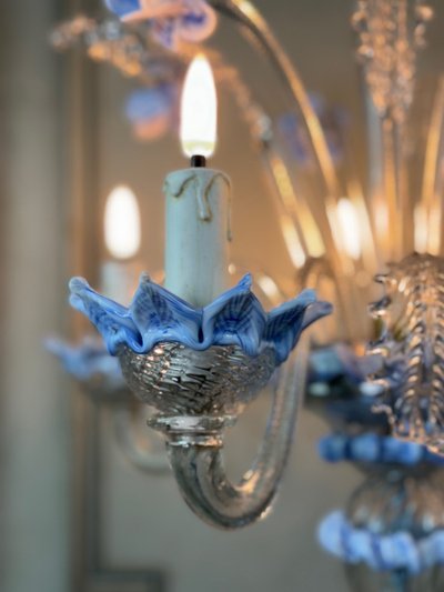 Coppia di lampadari veneziani in vetro di Murano trasparente e blu, circa 1950