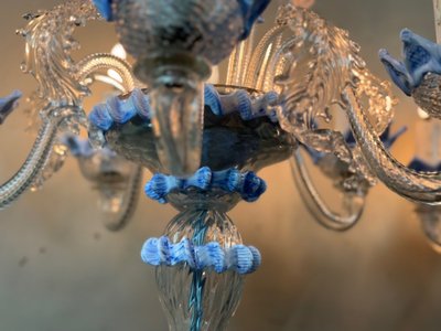 Coppia di lampadari veneziani in vetro di Murano trasparente e blu, circa 1950