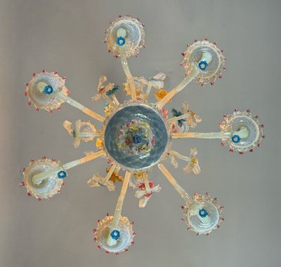 Lampadario veneziano in vetro di Murano multicolore, 11 bracci su due livelli, circa 1880