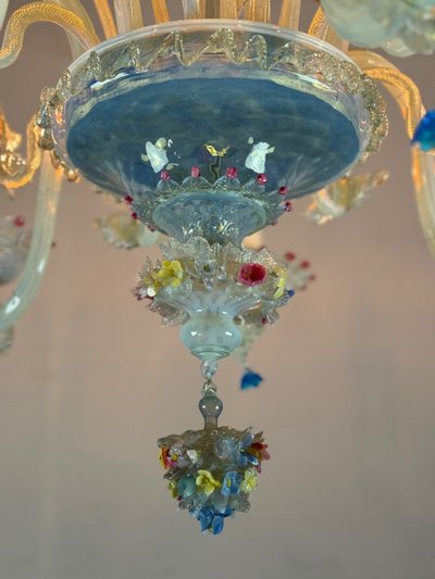 Lampadario veneziano in vetro di Murano multicolore, 11 bracci su due livelli, circa 1880