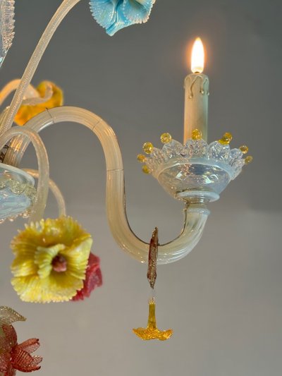 Lampadario veneziano in vetro di Murano multicolore, 11 bracci su due livelli, circa 1880