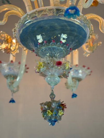 Lampadario veneziano in vetro di Murano multicolore, 11 bracci su due livelli, circa 1880