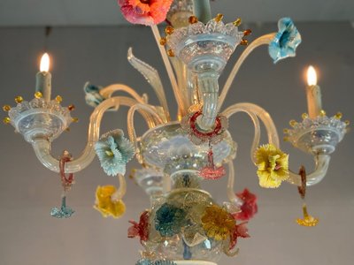Lampadario veneziano in vetro di Murano multicolore, 11 bracci su due livelli, circa 1880