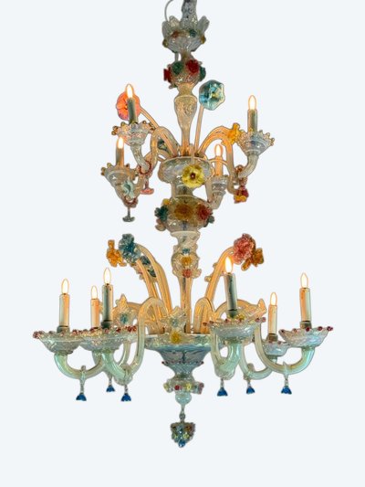Lampadario veneziano in vetro di Murano multicolore, 11 bracci su due livelli, circa 1880