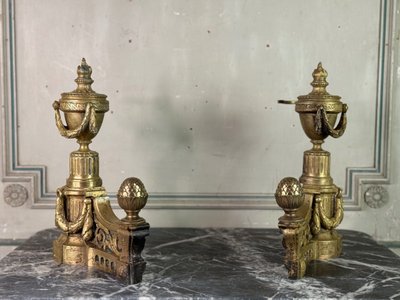 Pair of Louis XVI Style Gilt Bronze Andirons, 19th Century