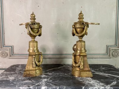 Pair of Louis XVI Style Gilt Bronze Andirons, 19th Century