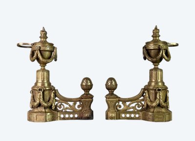 Pair of Louis XVI Style Gilt Bronze Andirons, 19th Century