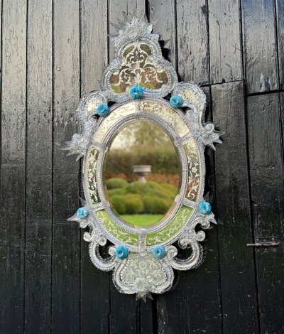 Venetian Mirror in Colorless and Blue Murano Glass