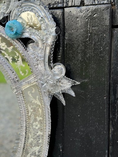 Venetian Mirror in Colorless and Blue Murano Glass