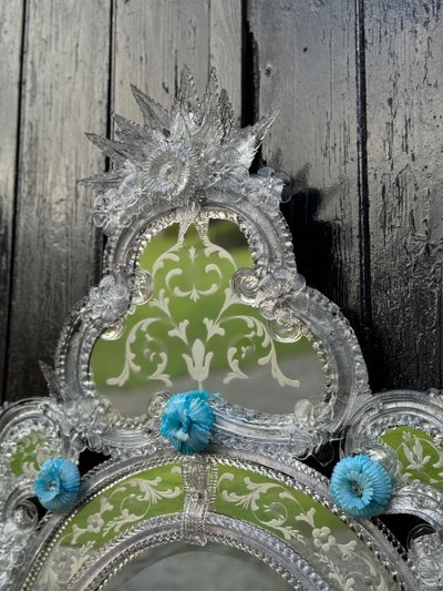 Venetian Mirror in Colorless and Blue Murano Glass