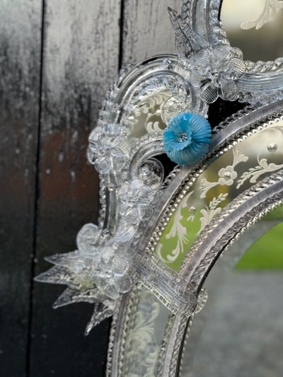 Venetian Mirror in Colorless and Blue Murano Glass