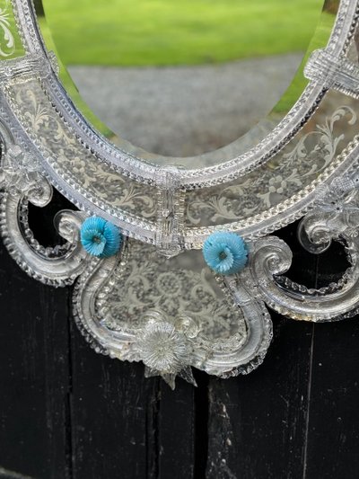 Venetian Mirror in Colorless and Blue Murano Glass