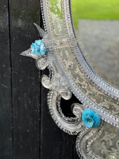 Venetian Mirror in Colorless and Blue Murano Glass