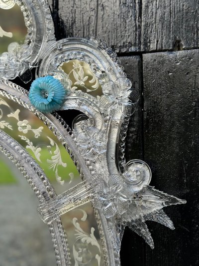 Venetian Mirror in Colorless and Blue Murano Glass