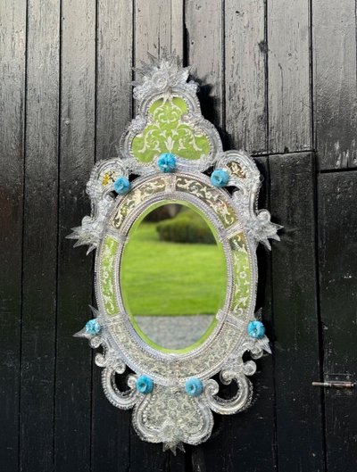 Venetian Mirror in Colorless and Blue Murano Glass