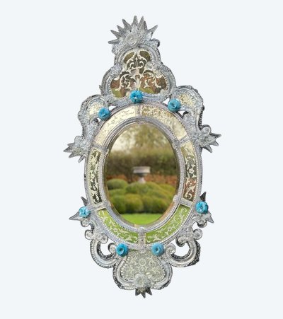 Venetian Mirror in Colorless and Blue Murano Glass