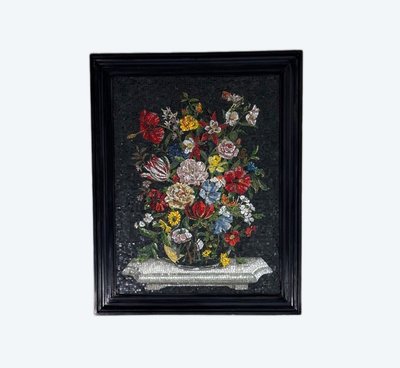 Stillleben mit Blumenstrauß, Glasmosaik, Monogramm Ch, um 1980