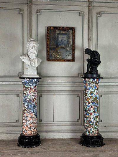 Pair of Columns Decorated with Fragments of Earthenware and Porcelain, Folk Art Circa 1900