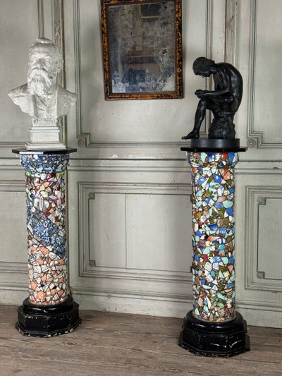Pair of Columns Decorated with Fragments of Earthenware and Porcelain, Folk Art Circa 1900