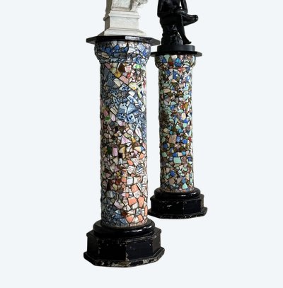 Pair of Columns Decorated with Fragments of Earthenware and Porcelain, Folk Art Circa 1900
