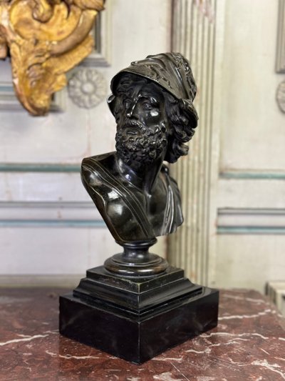 Bust of Ajax, Bronze with Black Patina on a Black Marble Base from Belgium, 19th Century