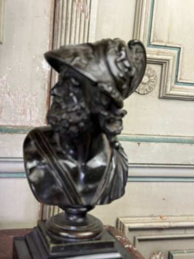 Bust of Ajax, Bronze with Black Patina on a Black Marble Base from Belgium, 19th Century