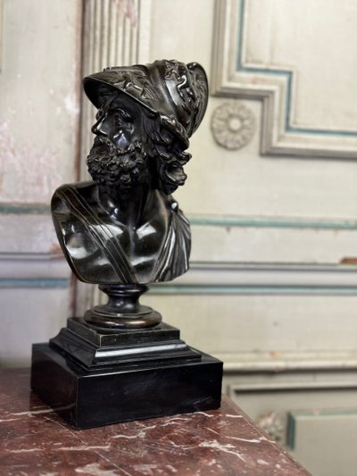 Bust of Ajax, Bronze with Black Patina on a Black Marble Base from Belgium, 19th Century