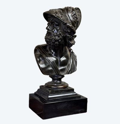 Bust of Ajax, Bronze with Black Patina on a Black Marble Base from Belgium, 19th Century