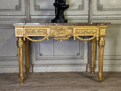 Console Louis XVI En Bois Doré, Marbre Gris Des Ardennes, XVIIIème Siècle
