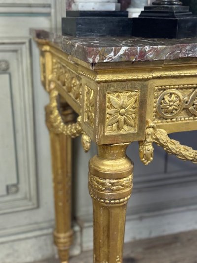 Console Louis XVI En Bois Doré, Marbre Gris Des Ardennes, XVIIIème Siècle