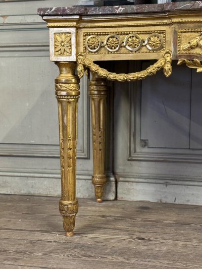 Console Louis XVI En Bois Doré, Marbre Gris Des Ardennes, XVIIIème Siècle