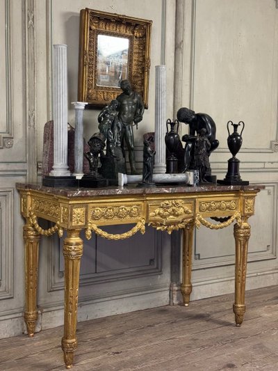Console Louis XVI En Bois Doré, Marbre Gris Des Ardennes, XVIIIème Siècle
